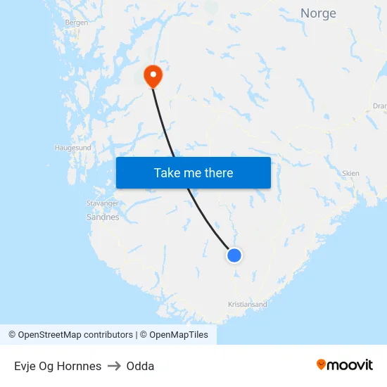 Evje Og Hornnes to Odda map