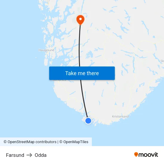 Farsund to Odda map