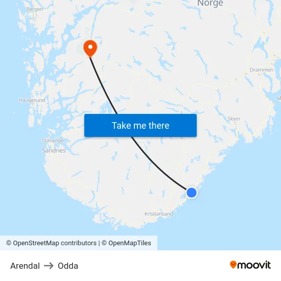Arendal to Odda map