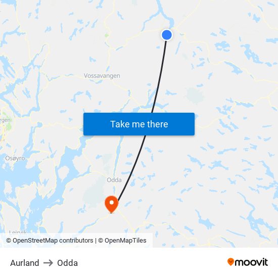 Aurland to Odda map