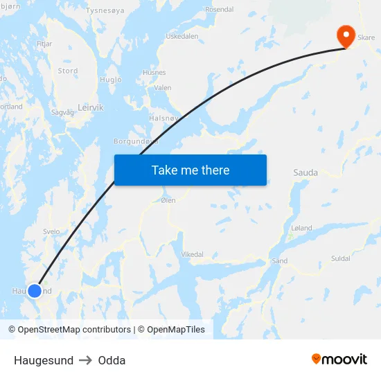 Haugesund to Odda map