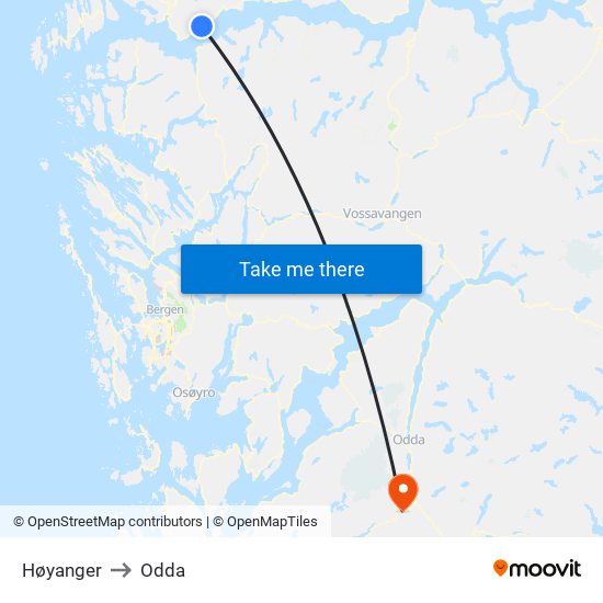 Høyanger to Odda map