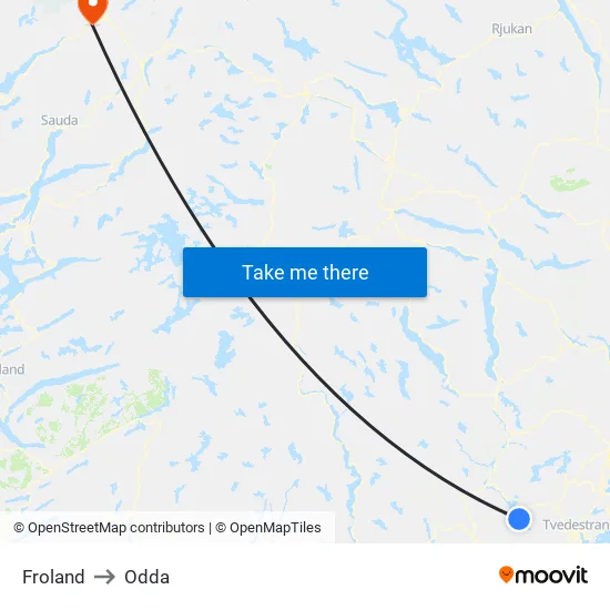 Froland to Odda map