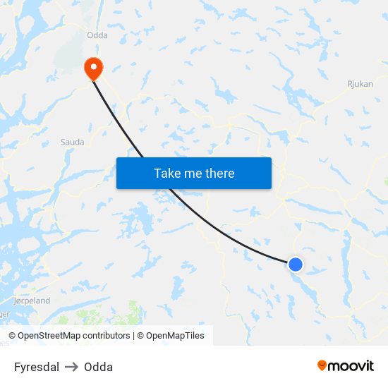 Fyresdal to Odda map