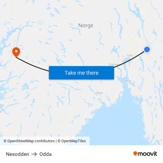 Nesodden to Odda map