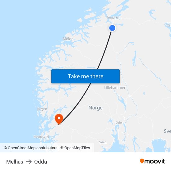 Melhus to Odda map