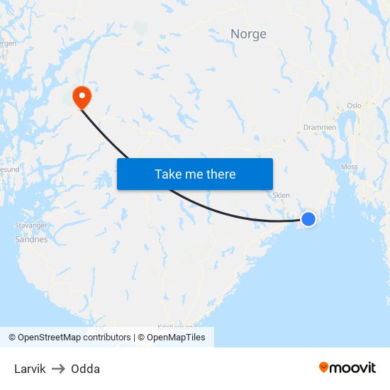 Larvik to Odda map