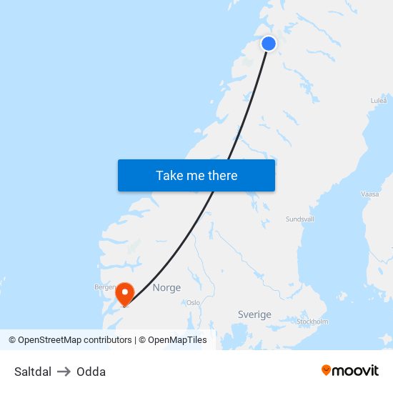 Saltdal to Odda map