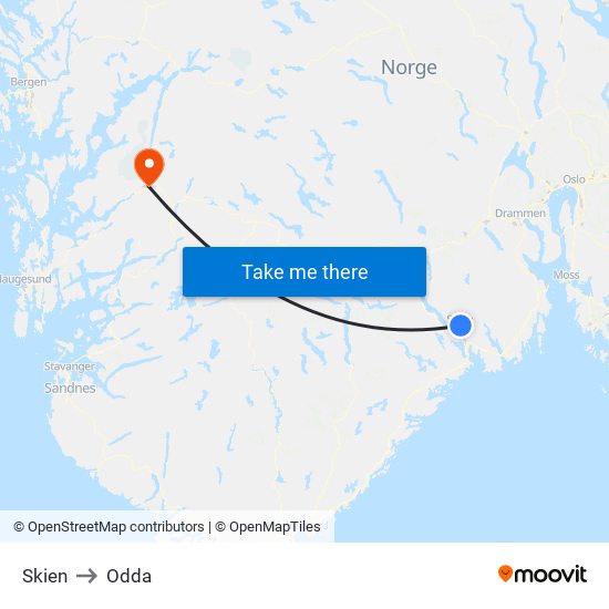 Skien to Odda map