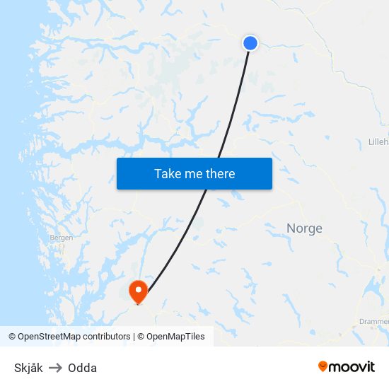 Skjåk to Odda map