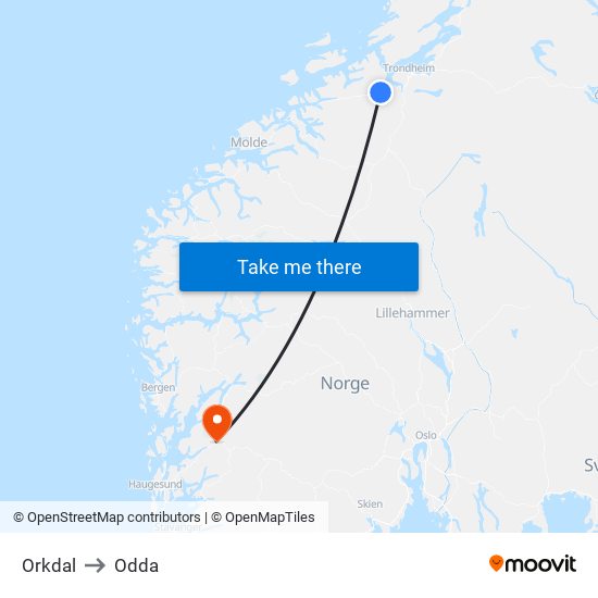 Orkdal to Odda map