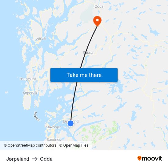 Jørpeland to Odda map