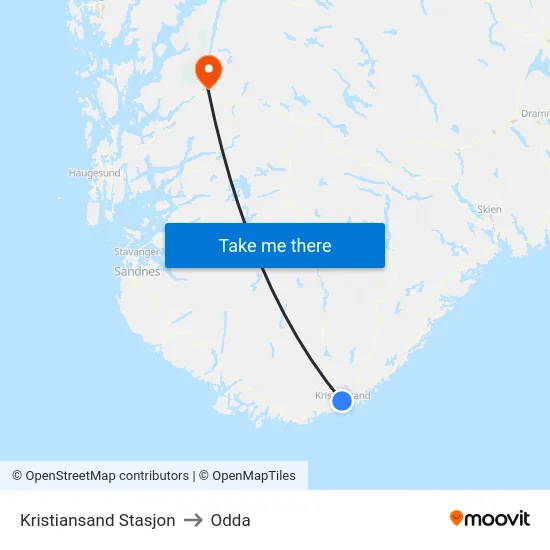 Kristiansand Stasjon to Odda map