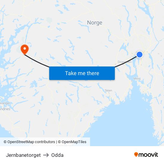 Jernbanetorget to Odda map