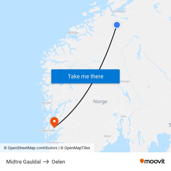 Midtre Gauldal to Oelen map