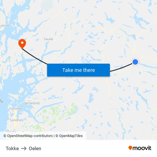 Tokke to Oelen map