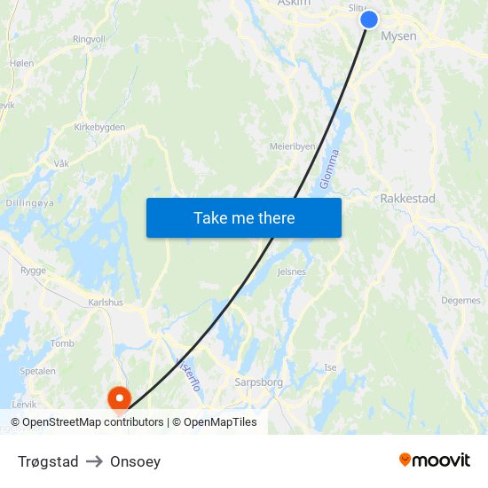 Trøgstad to Onsoey map