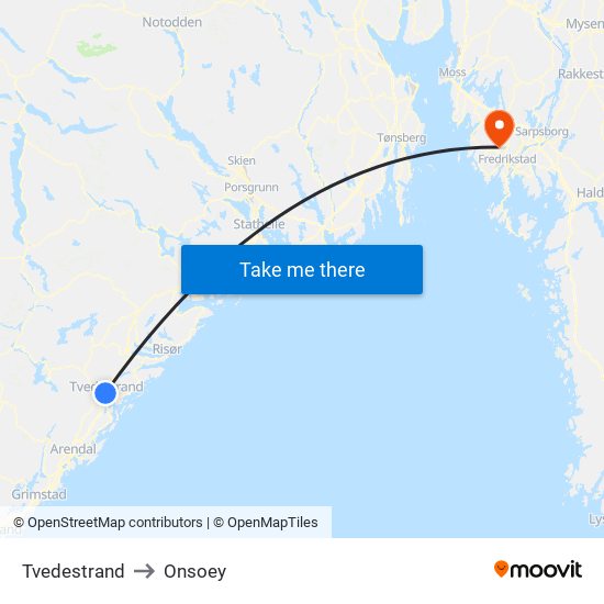 Tvedestrand to Onsoey map