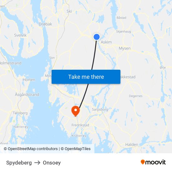 Spydeberg to Onsoey map