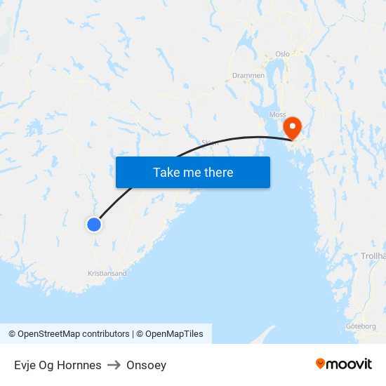 Evje Og Hornnes to Onsoey map