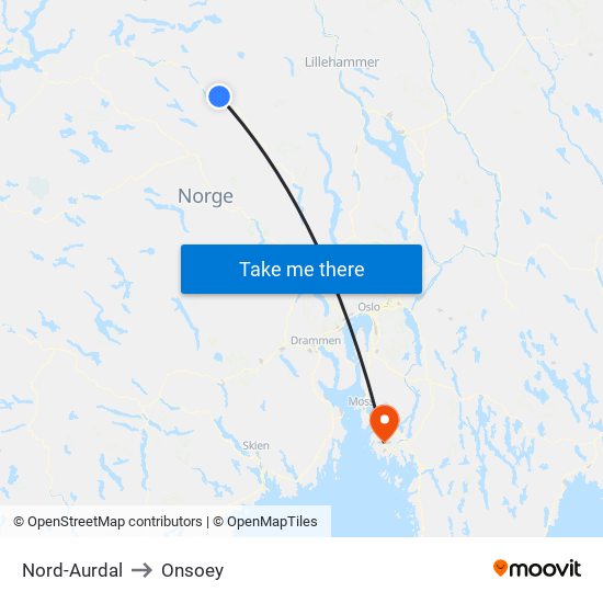 Nord-Aurdal to Onsoey map