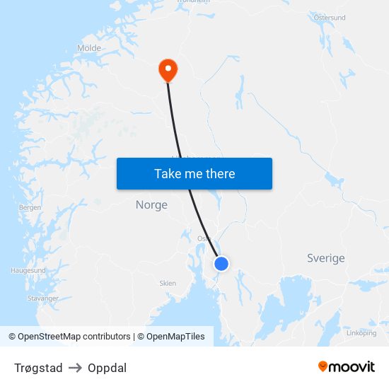 Trøgstad to Oppdal map