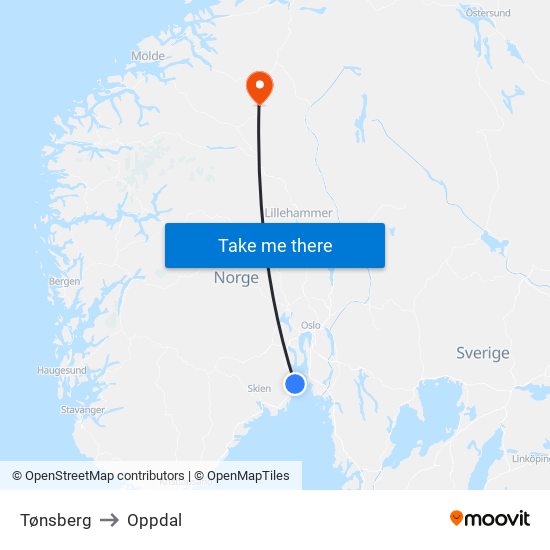 Tønsberg to Oppdal map