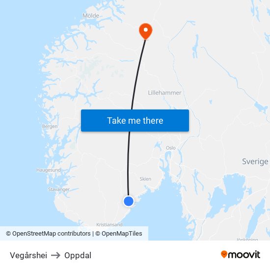 Vegårshei to Oppdal map