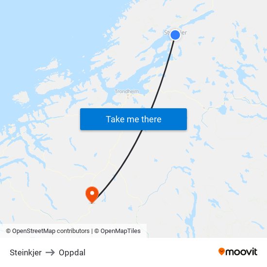 Steinkjer to Oppdal map