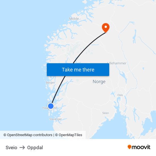 Sveio to Oppdal map