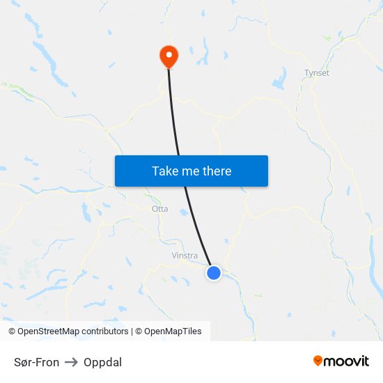 Sør-Fron to Oppdal map