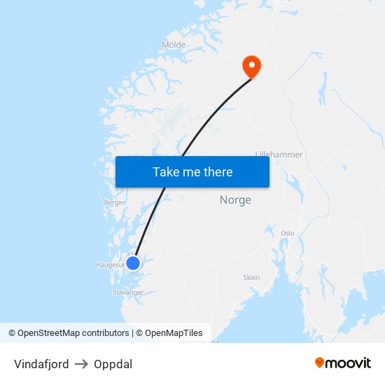 Vindafjord to Oppdal map