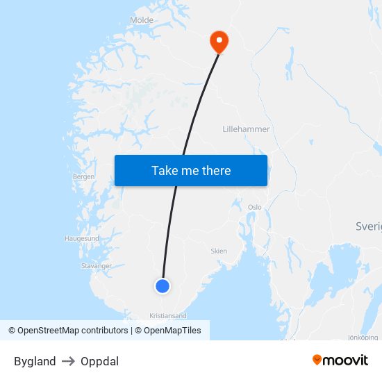 Bygland to Oppdal map