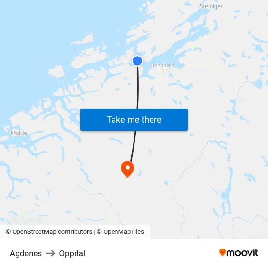 Agdenes to Oppdal map