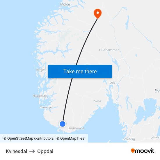 Kvinesdal to Oppdal map