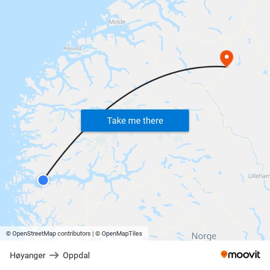 Høyanger to Oppdal map