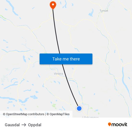 Gausdal to Oppdal map