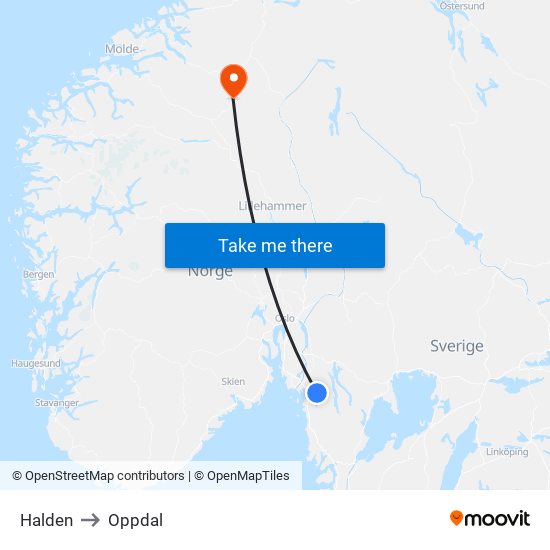 Halden to Oppdal map