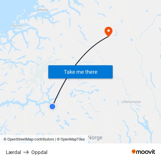 Lærdal to Oppdal map