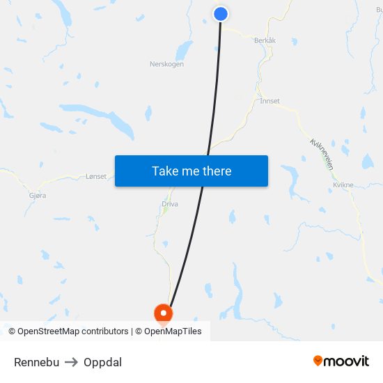 Rennebu to Oppdal map