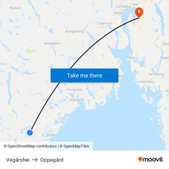 Vegårshei to Oppegård map