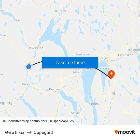 Øvre Eiker to Oppegård map