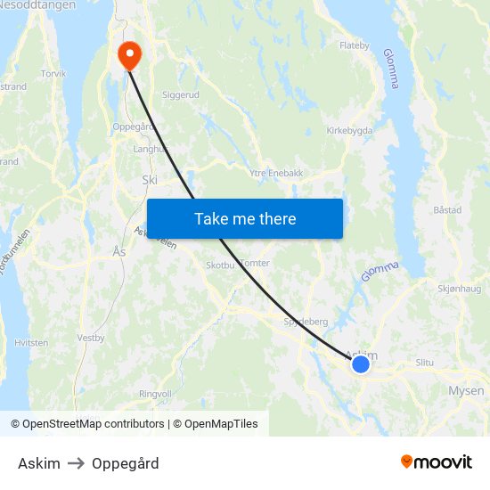 Askim to Oppegård map