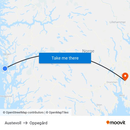 Austevoll to Oppegård map