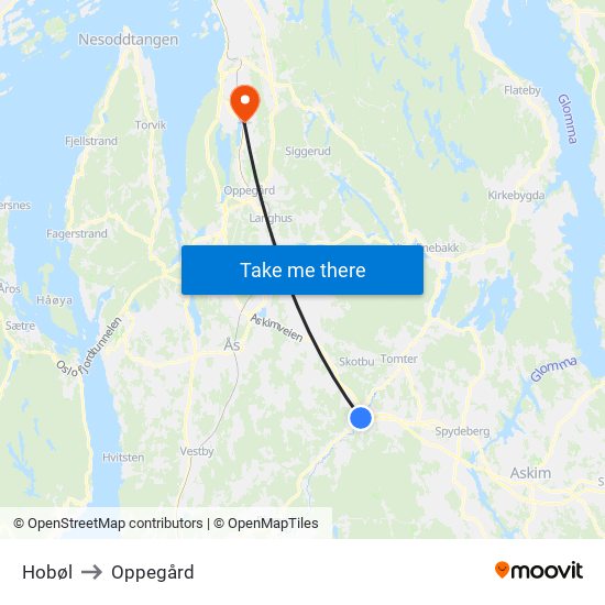 Hobøl to Oppegård map