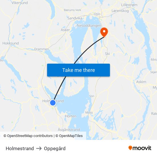 Holmestrand to Oppegård map