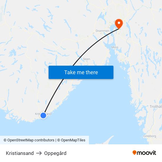 Kristiansand to Oppegård map