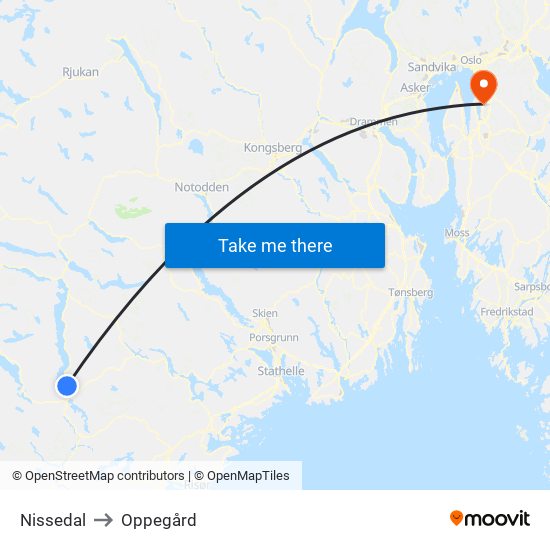 Nissedal to Oppegård map