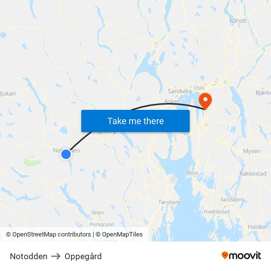 Notodden to Oppegård map