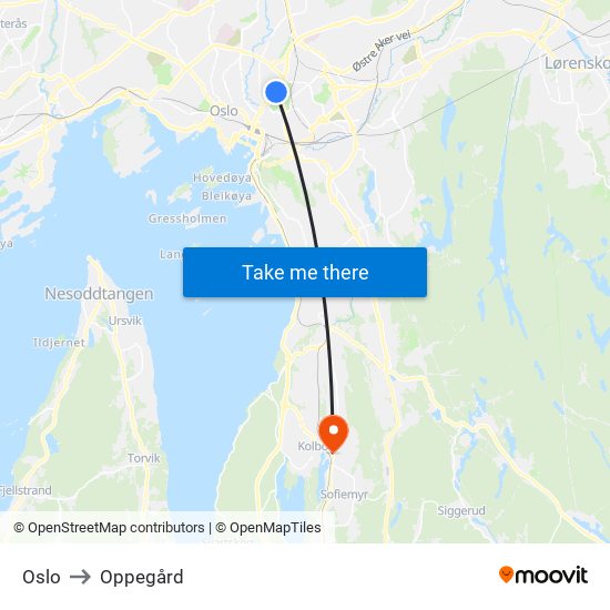 Oslo to Oppegård map